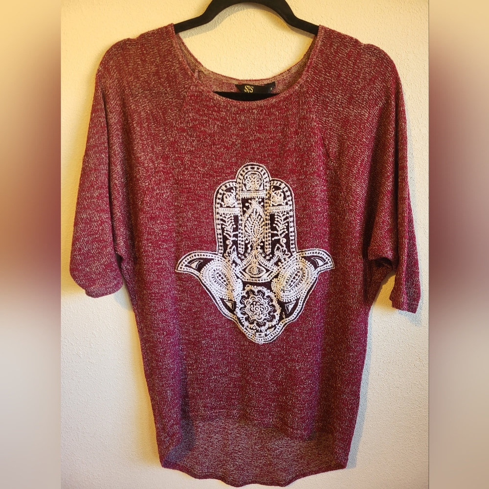SJS (Buckle) Burgundy sweater style top with white embroidered Hamsa Design. XL